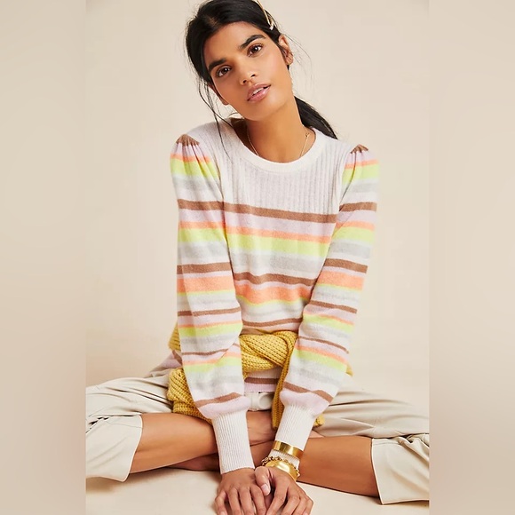 NWT Anthropologie White Warren Rainbow-Striped Cashmere Sweater